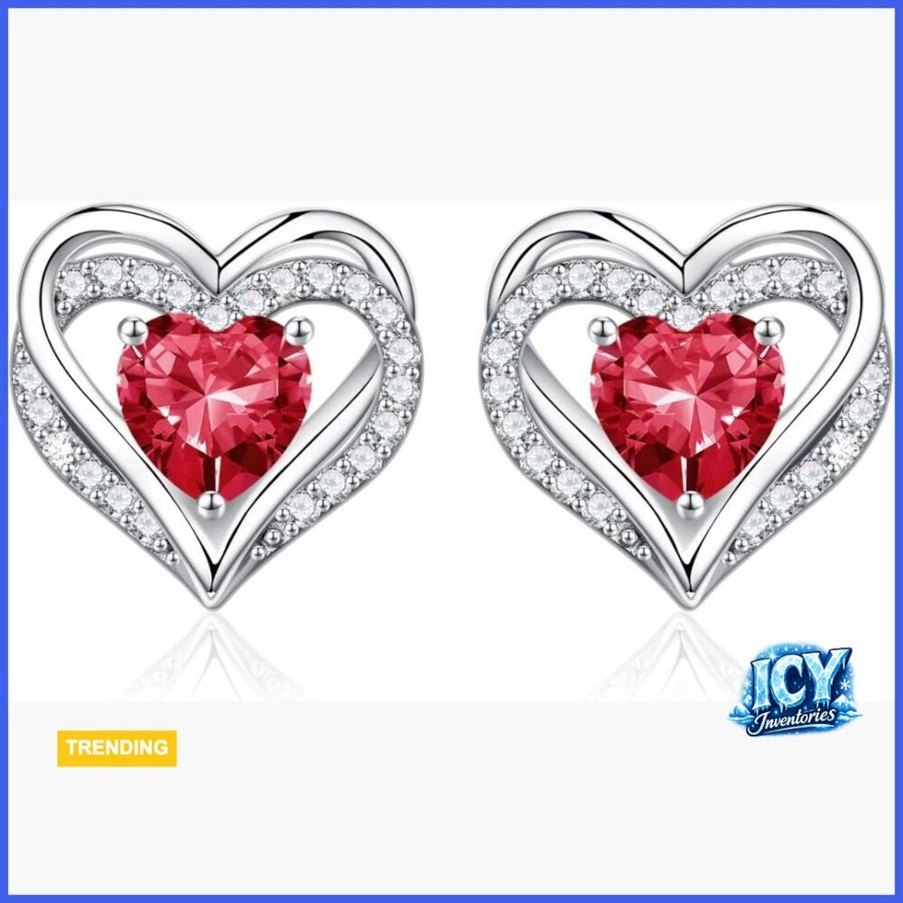 925 Sterling Silver Heart Stud Earrings with Created Ruby Gemstones